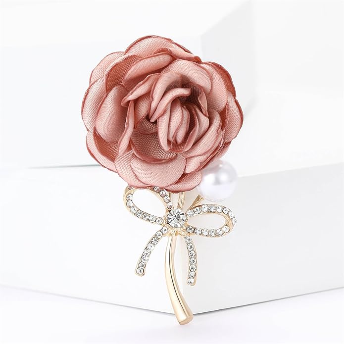 Dreuyet Rose Flower Brooch for Women Dainty Elegant Satin Fabric Flower Lapel Pins Vintage Pearl Camellia Crystal Pin Dress Suit Accessories Valentine's Day Wedding Bouquet Jewelry ﻿