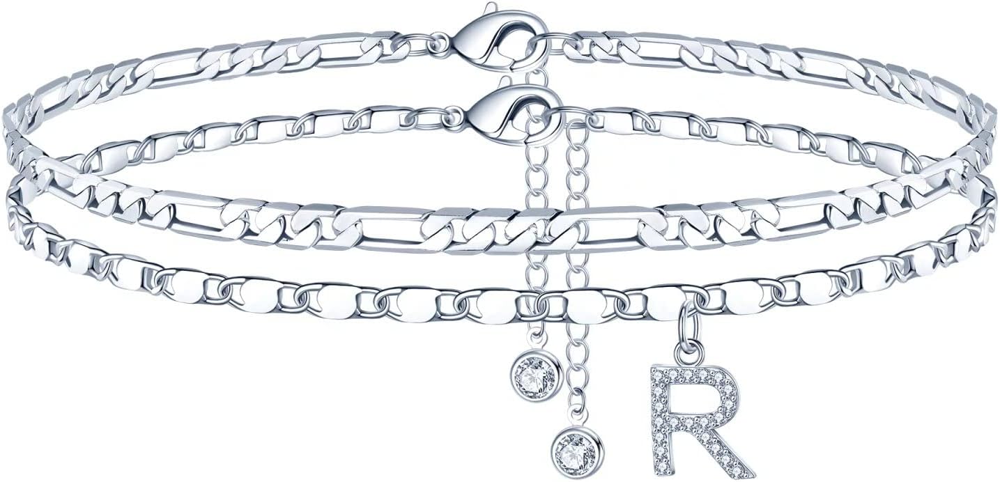 Ursteel Ankle Bracelets for Women, 14K-Gold-Plated Dainty Layered Chain CZ Initial Anklets Set Summer Jewelry Gifts for Women