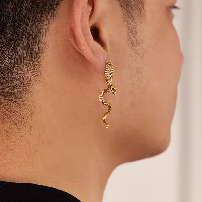 snake shaped personalized earrings with stainless steel pattern inlaid with emerald gemstones, showcasing unique charm for daily parties