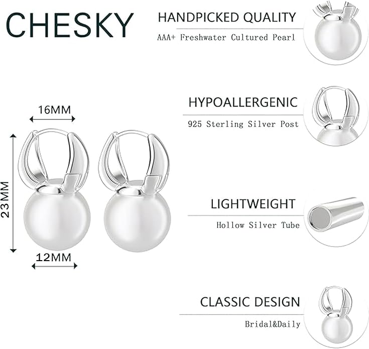 CHESKY Pearl Earrings for Women, Dainty 14K Gold Plated/Silver Plated Drop Quality Handpicked AAA+ Freshwater Cultured Round Pearls Dangle Earrings Wedding Jewelry for Women Gifts
