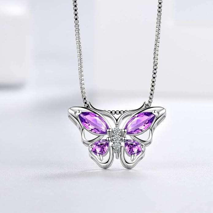 Aurora Tears Butterfly Birthstone Pendant Necklace - Women 925 Sterling Silver Butterflies Birthstone Pendant Necklace Jewelry Birthday Gift for Women