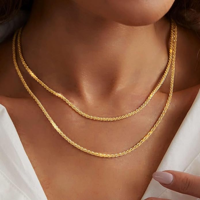 14K Gold Necklace for Women, Womens Dainty Chain Necklace Plated Shining Dots Satellite Choker Box Chain, Women Layering Necklaces