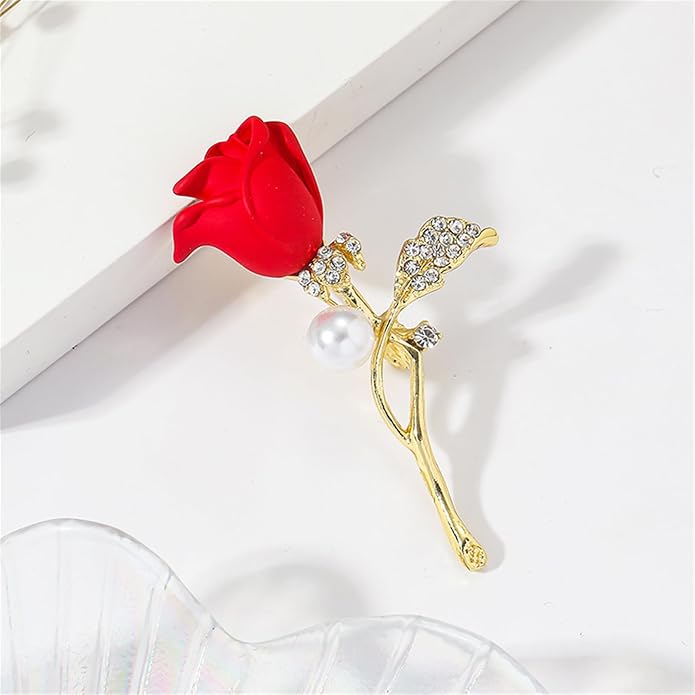QLUYCKW Rose Flower Brooch Pin for Women Fashion Dainty Gold Plated 3D Red Roses Floral Crystal Brooch Pin Birthday Dress Suit Accessories Jewelry