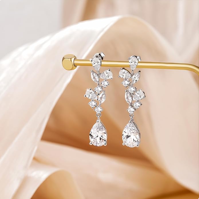 EAMTI Teardrop Wedding Earrings for Women Cubic Zirconia Dangle Bridal Earrings 925 Sterling Silver Post Pear Cut Earring for Prom Bridesmaid