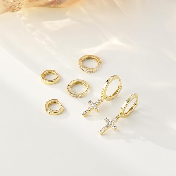 Gold Hoop Earrings Set for Women Trendy, 14K Gold Plated Chunky Hypoallergenic Small Diamond Cartilage Hoops Cute Cubic Zirconia Dangle Stud Earrings Jewelry Gifts