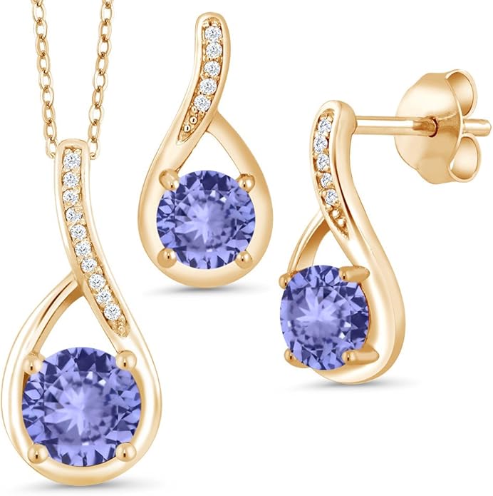 Gem Stone King 18K Yellow Gold Plated Silver Round Gemstone Birthstone and Diamond Pendant Earrings Jewelry Set For Women | Round 6MM and 5MM | With 18 Inch Chain