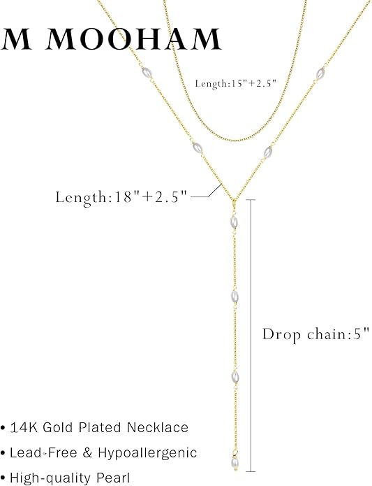 M MOOHAM Gold Lariat Necklace for Women - Dainty 14K Gold Plated Y-Shaped Long Drop Necklace Pearl Cross Clover Butterfly Cubic Zirconia Charm Layered Necklaces for Women Simple Jewelry Gifts