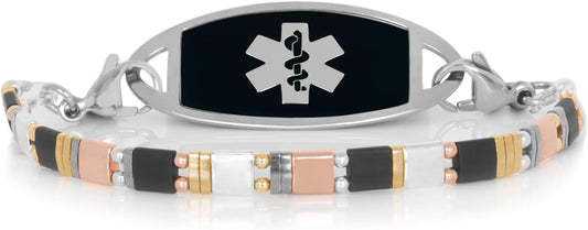 Lauren's Hope Beaded Stretch Medical ID Bracelet in Mixed Metal Tone, Rose Gold, Gold and Silver, Custom Engraved Medical ID Bracelets for Women