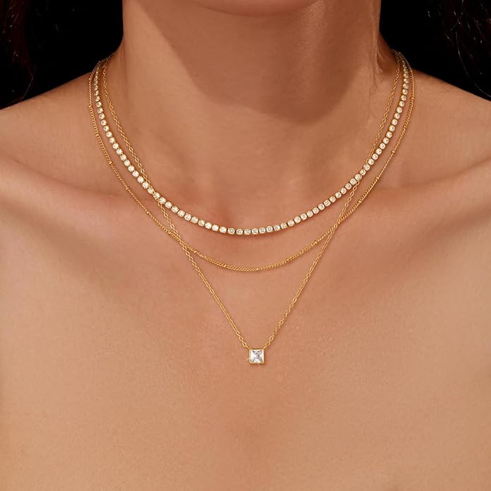 CHESKY 14K Gold Plated Layered Necklaces for Women,Dainty Gold/Silver Plated Chain Necklace CZ Pendant Necklace Adjustable Layering Choker Necklace jewelry Gifts