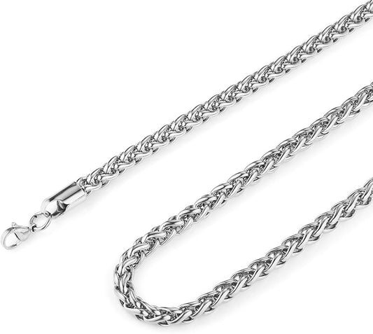 HZMAN 3.0 mm Stainless Steel Wheat Silver Chain Necklaces for Men & Women 16" -36"
