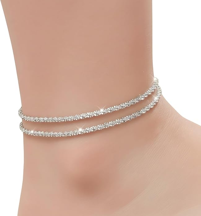 BVB Silver Anklets for Women Waterproof, Christmas Gifts for Woman Family Holiday Gift, Sparkly Rhinestone Ankle Bracelets Set, Stackable Layered Anklets for Women Beach Jewelry