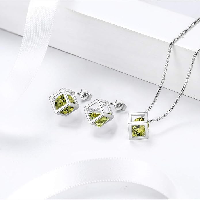 Aurora Tears Birthstone Necklace/Earring 925 Sterling Silver Women Cross/3D Cube/Cresent Moon Birth Stone Jewelry Mens Birthday Gift Anniversary Present