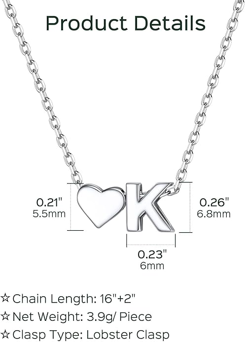 ChicSilver 925 Sterling Silver Heart Initial Necklaces for Women -Dainty Personalized Heart Pendant Letter Alphabet Necklace for Women