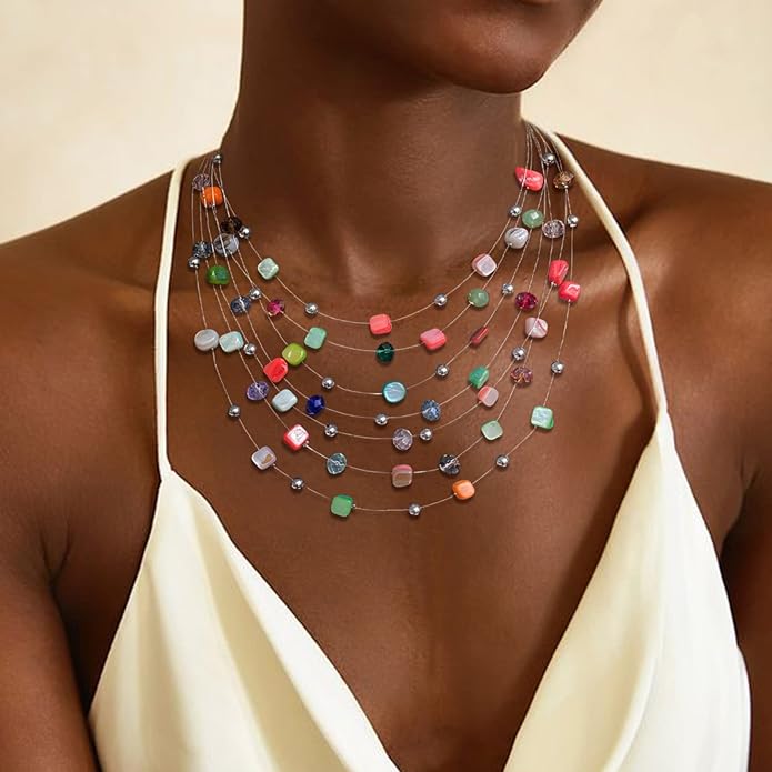 Multi-Layer Boho Shell Beaded Necklace for Women Colorful Crystal Strand with Silver Beads Statement Collars Necklace and Earrings Costumes Jewelry Sets for Women