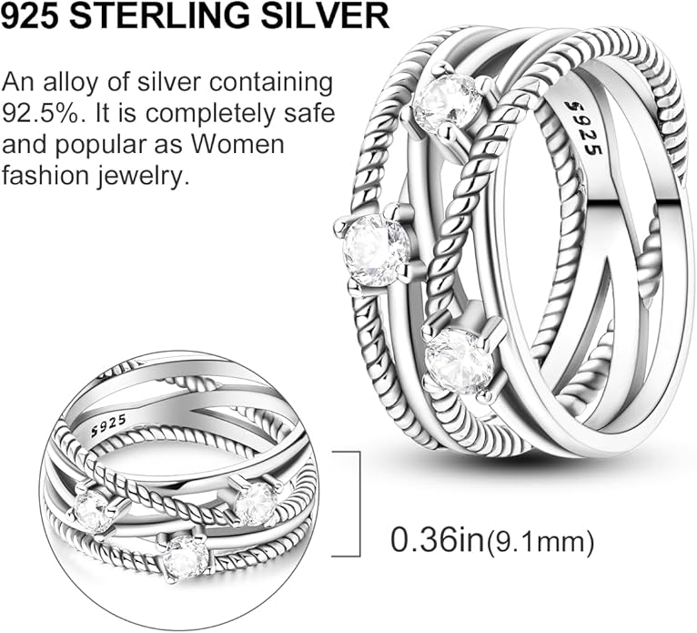 NARMO 925 Sterling Silver Rings for Women Evil Eyes Rings Entwined Line Cubic Zirconia Rings Simple Stackable Finger Rings Engagement Ring Personality Rings Size 6-9