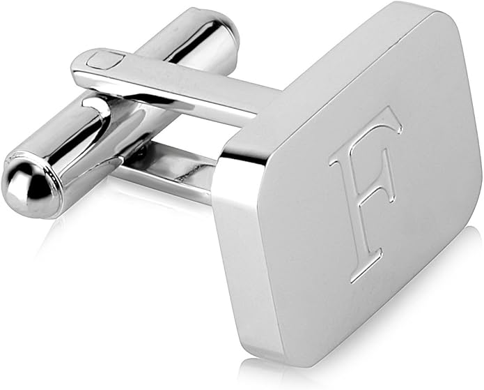 18K White-Gold Plated Initial Engraved Stainless Steel Men’s Cufflinks With Gift Box -Personalized Alphabet Letter’s A-Z By Lux & Pair