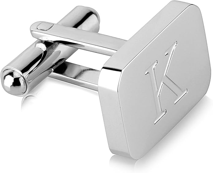 18K White-Gold Plated Initial Engraved Stainless Steel Men’s Cufflinks With Gift Box -Personalized Alphabet Letter’s A-Z By Lux & Pair