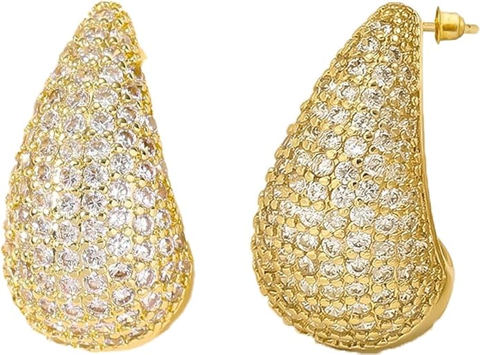 XingMei Story Gold Crystal Chunky Hoop Earrings - Sparkly Rhinestone Teardrop Design with 925 Sterling Silver Posts - Trendy Jewelry for Women, Perfect for Special Occasions (1pair)