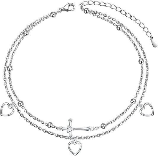 FLYOW Anklet for Women S925 Sterling Silver Adjustable Foot Beaded Heart Charm Ankle Bracelet Anklets Jewelry