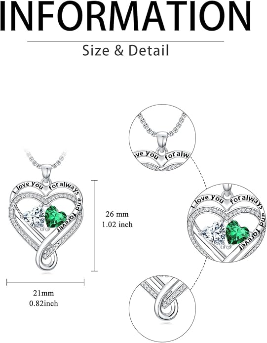 I Love You for Awlays and Forever Double Heart Necklace with Birthstone, 2 Birth Stone Jewelry Anniversary Valentines Mothers Day Christmas Birthday Gifts for Women Her Wife Girlfriend Mom Mother