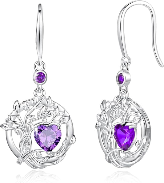 FANCIME Tree of Life Dangle Drop Earrings 925 Sterling Silver Dainty Round Gemstone Birthstone Earring Fine Jewelry Birthday Christmas Gifts for Her Women