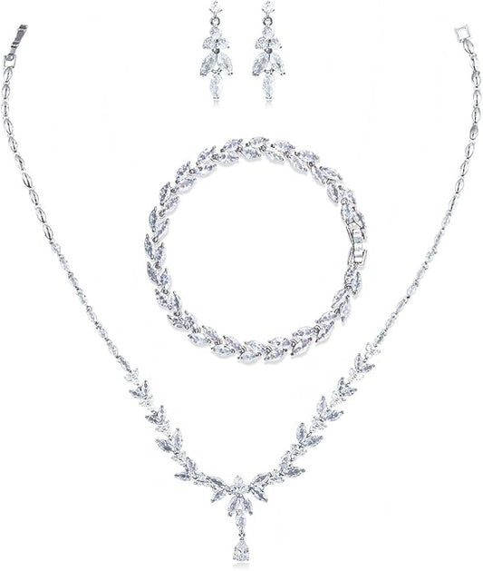 Women Jewelry Set Silver Plated Necklace Earrings Set Bridal Wedding Jewelry Bling Cubic Zirconia Choker Crystal party Jewelry Accessories for Women