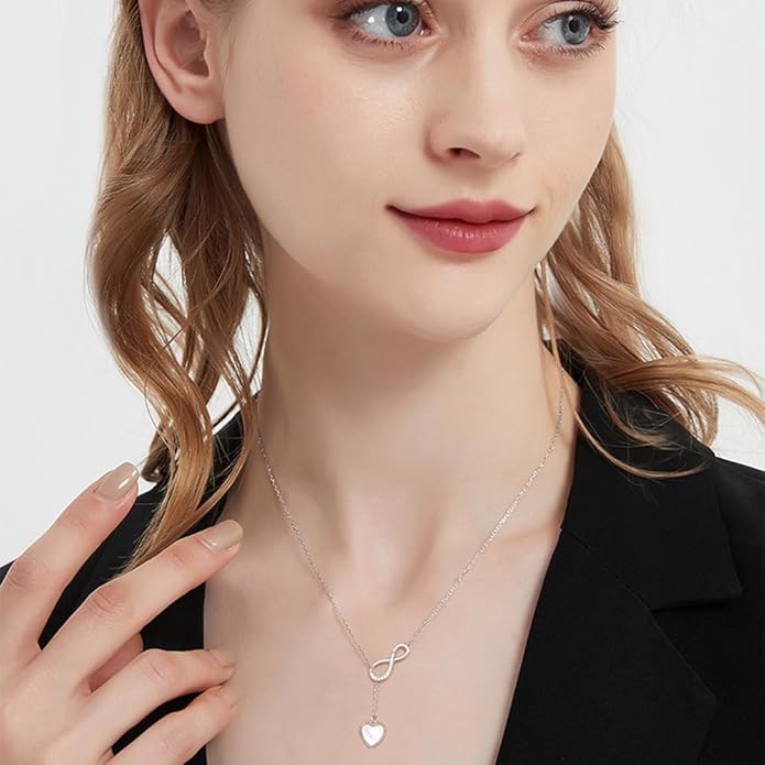 Infinity Lariat Y-Necklace for Women 925 Sterling Silver Love Heart Mother of Pearl Pendant Long Link Chain Necklaces Adjustable Delicate Wedding Birthday Valentines Jewelry Gift 20 inches