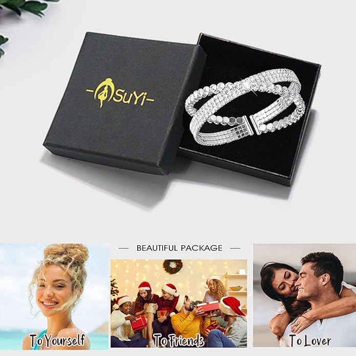 Suyi Rhinestone Bracelet for Women Silver Multilayer Cuff Bracelet Craystal Braidal Bracelets