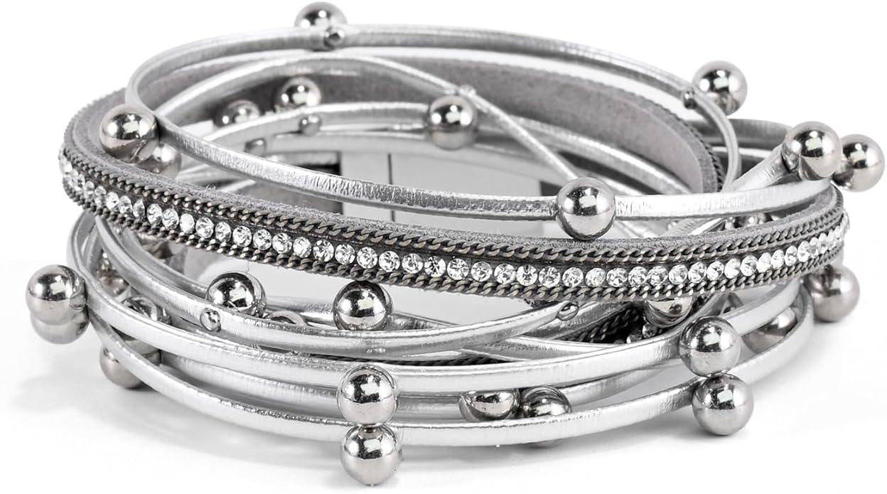 ENGCKSHI Wrapped Bracelets for Women,Leather Bracelet,Boho Bracelets for Women,Multi-Layer Pearl Crystal Bracelet Bangle Jewelry
