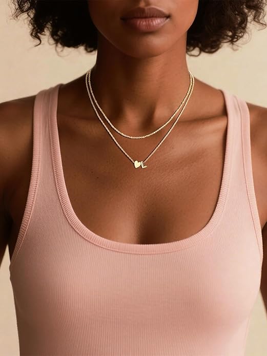 FOCALOOK Layered Initial Necklace for Women, 14K Gold Plated Choker Necklaces Stacks with Initial A-Z, Dainty Silver Heart Pendant Necklace Personalized Birthday Women Jewelry