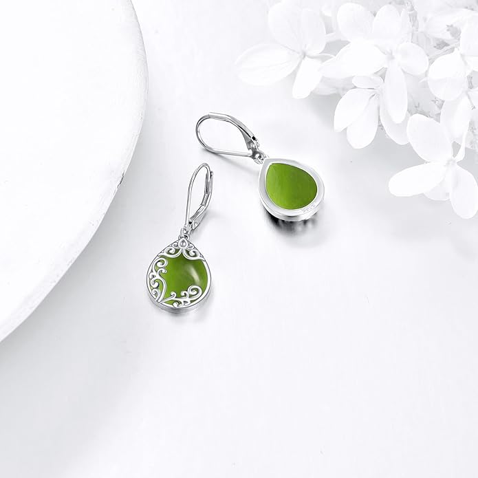 Filigree Earrings Sterling Silver Teardrop Moonstone Moss Agate Lapis Lazuli Larimar Emerald Peridot Opal Dangle Dangly Drop Leverback Earrings Boho Jewelry Gifts for Women