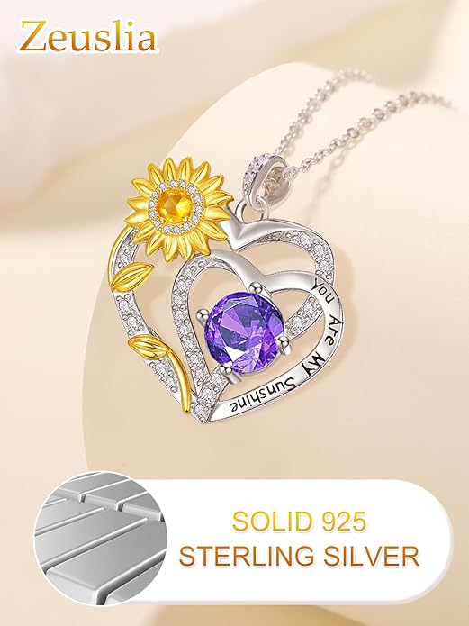 Zeuslia Double Birthstone Necklace Gifts for Wife - 925 Sterling Silver Sunflower/Rose/Crown Cross/Compass/Heart Pendant I Love You Necklace, Anniversary Birthday Gifts for Wife Girlfriend Mom Her