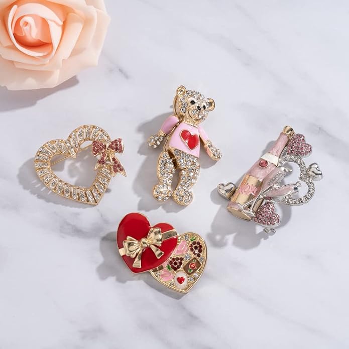 MADISON TYLER Valentines Day Heart Gift Box Brooch | Chocolate Gift Box Pave Rhinestone Heart | Gold Bow Brooch Jewelry for Her | Couples Gifts for Backpacks Valentine's Day
