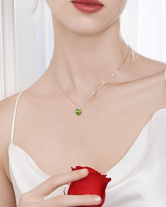 FANCIME 14K Solid White Gold Rose Pendant with Sterling Silver Chain Heart Birthstone Gemstone Fine Jewelry Christmas Gifts for Women Her