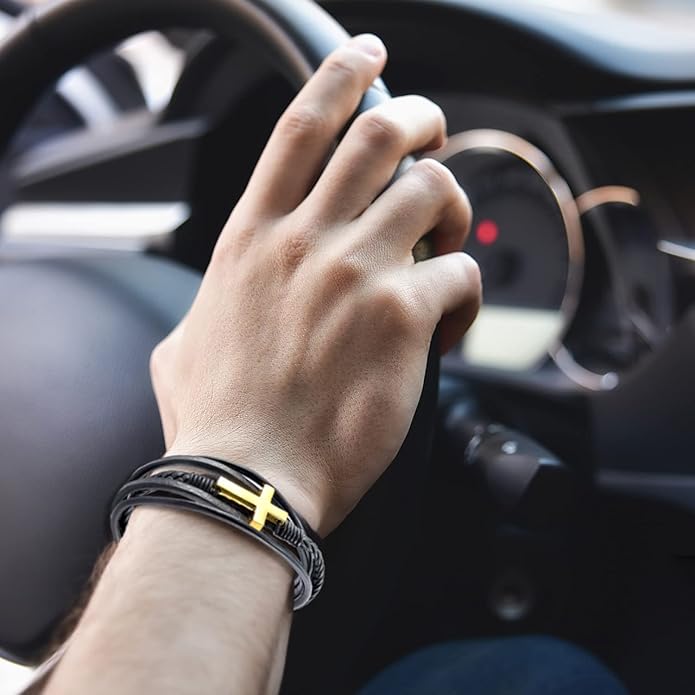 Fahonie Cross Leather Bracelet for Men Women 316L Stainless Steel with 18K Gold Plated Christ Jesus Multi-layer Handmade Christian Bracelet,7.5/8/9 Inches