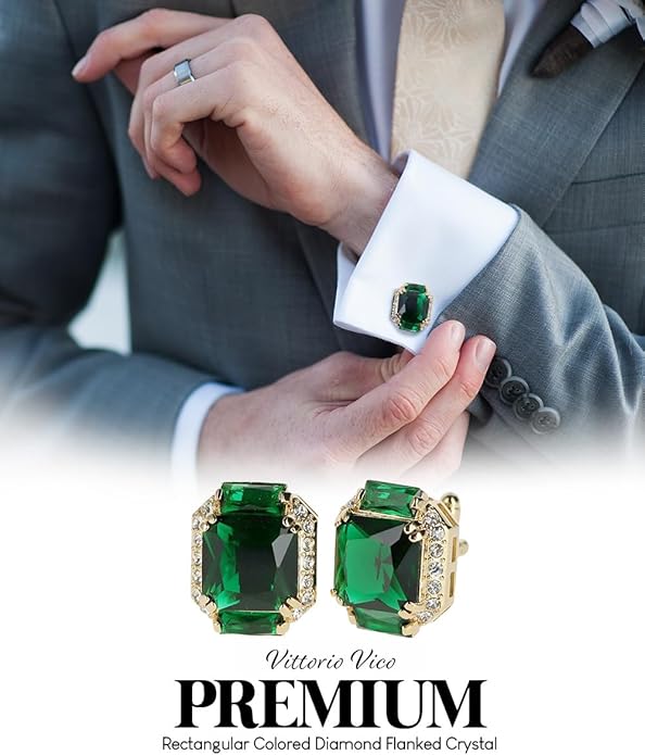 Rectangular Colored Diamond-Flanked Crystal Cuff Links – Tuxedo Suit Accessories, Cufflinks for Men