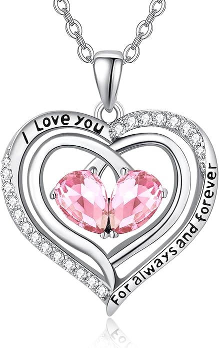 Zeuslia Double Birthstone Necklace Gifts for Wife - 925 Sterling Silver Sunflower/Rose/Crown Cross/Compass/Heart Pendant I Love You Necklace, Anniversary Birthday Gifts for Wife Girlfriend Mom Her