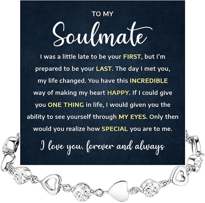 To My Soulmate Heart Bracelet Gift, Beautiful Soulmate Jewelry With Message Card and Box For Women, Romantic Anniversary, Birthday, Christmas or Valentine’s Day Gift