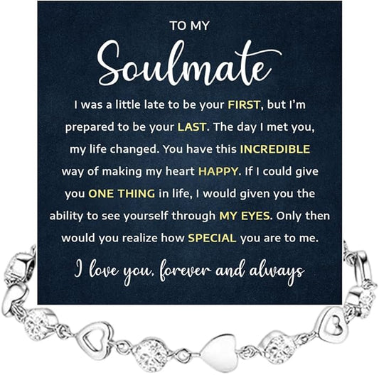 To My Soulmate Heart Bracelet Gift, Beautiful Soulmate Jewelry With Message Card and Box For Women, Romantic Anniversary, Birthday, Christmas or Valentine’s Day Gift