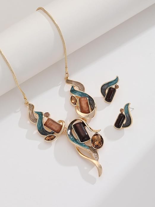 Chunky Statement Jewelry Set Vintage Retro Leaf Flower Floral Geometric Bohemian Boho Bib Necklace Earring Set Fashion Costume Jewelry for Women Girls Wedding Party Prom Unique Gift