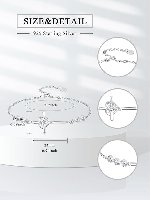 Cross Birthstone Charm Link Bracelet 925 Sterling Silver Cross Bracelet with 12 Months Birthstone Religious Christian Jewelry Gifts for Women Mom Her,Chain Length 7"+2" Extend