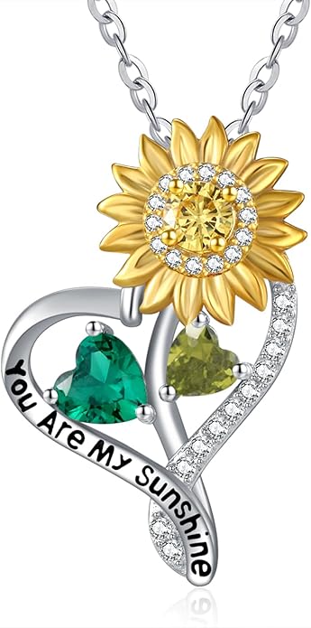 Zeuslia Double Birthstone Necklace Gifts for Wife - 925 Sterling Silver Sunflower/Rose/Crown Cross/Compass/Heart Pendant I Love You Necklace, Anniversary Birthday Gifts for Wife Girlfriend Mom Her