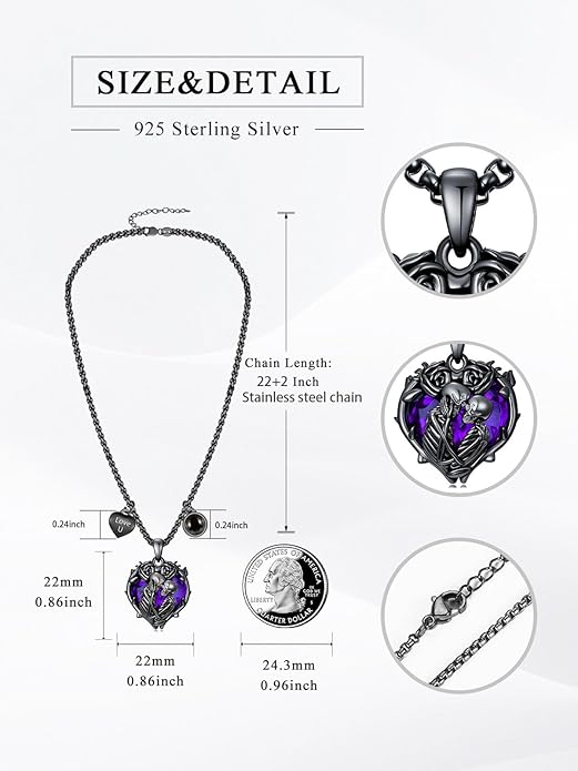 Flpruy 925 Sterling Silver Black Gothic Jewelry Gifts Skeleton Couple Pendant Crystal Birthstone Heart Necklace Punk Romantic Jewelry for Lover Men Women