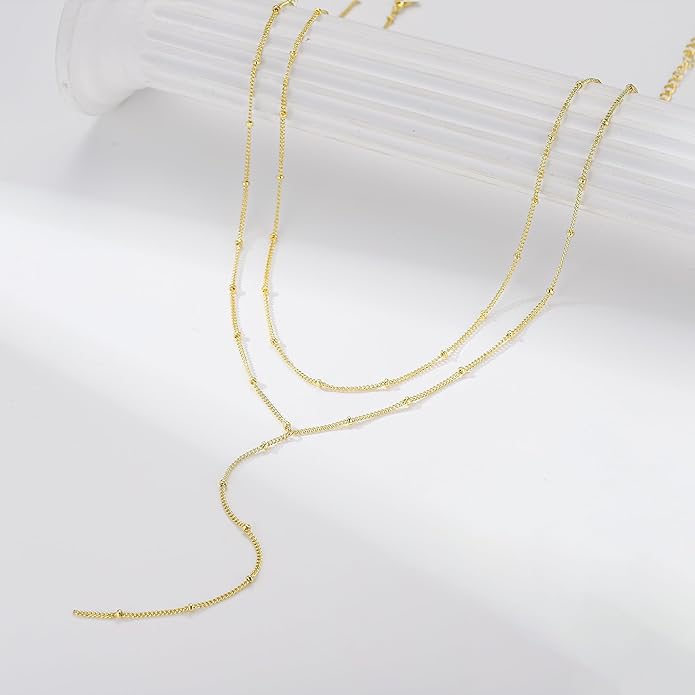 M MOOHAM Gold Lariat Necklace for Women - Dainty 14K Gold Plated Y-Shaped Long Drop Necklace Pearl Cross Clover Butterfly Cubic Zirconia Charm Layered Necklaces for Women Simple Jewelry Gifts