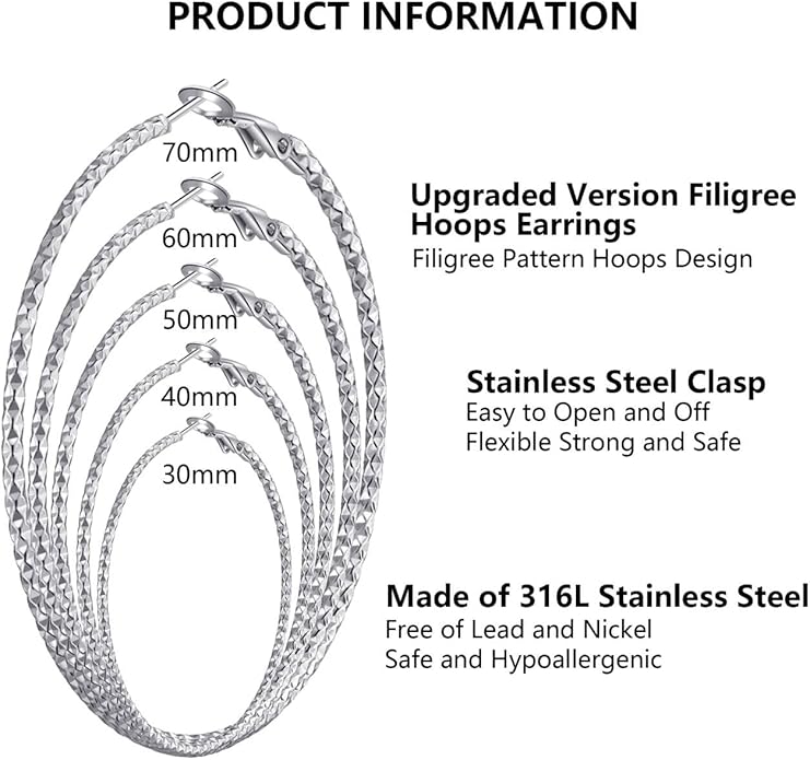 5/10 Pairs Stainless Steel Hoop Earrings for Women Hypoallergenic Large Small 14K Gold Plated Starry Sky Filigree Hoops Silver Plated Hoop Earring Pack Lightweight Fashion Earrings Set
