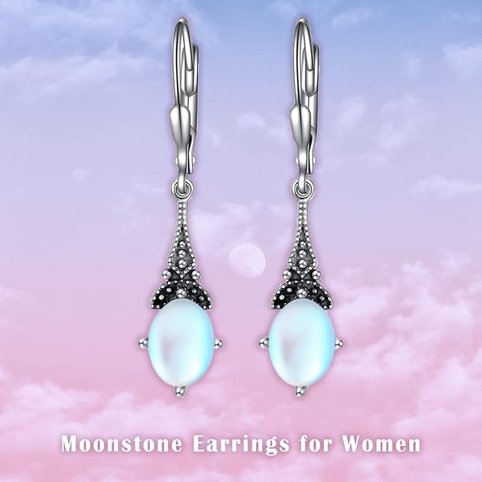 AOBOCO Vintage Earrings for Women Sterling Silver Retro Drop Dangle Leverback Earrings with 8x6mm Oval Genuine or Simulated Birthstone Crystal from Austria, Anniversary Jewelry Gifts for Her Women