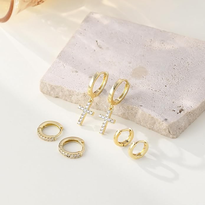 Gold Hoop Earrings Set for Women Trendy, 14K Gold Plated Chunky Hypoallergenic Small Diamond Cartilage Hoops Cute Cubic Zirconia Dangle Stud Earrings Jewelry Gifts