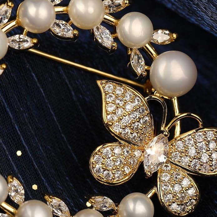 14K Gold Grand Butterfly Brooch with Crystal Embellishments, Circular Design Adorned with Natural Pearl, Luxurious and Elegant Pin for Stylish Attire