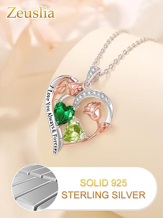 Zeuslia Double Birthstone Necklace Gifts for Wife - 925 Sterling Silver Sunflower/Rose/Crown Cross/Compass/Heart Pendant I Love You Necklace, Anniversary Birthday Gifts for Wife Girlfriend Mom Her
