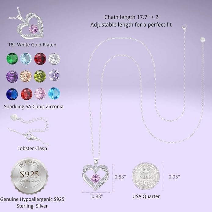 Birthstone Heart Necklace for Women Wife Girlfriend Mom Daughter Gifts S925 Silver Jewelry For Anniversary Rose Gold Gifts For Birthday Christmas Mothers Valentines Day